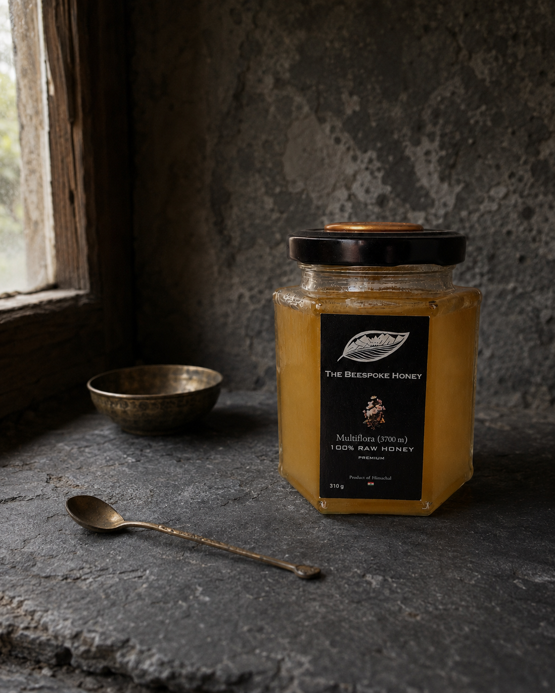 The Summit Reserve A3700 — rare individually numbered Collector's Edition Himalayan honey in a hexagonal black jar, The Beespoke Honey