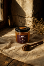 Valley Wildflower Honey A700 — raw Himalayan wildflower honey in a round burgundy jar, The Beespoke Honey